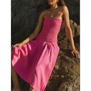 Anthropologie Dress Beach Midi Pink Cotton Strapless Smocked Cover-Up Sz XL NWT